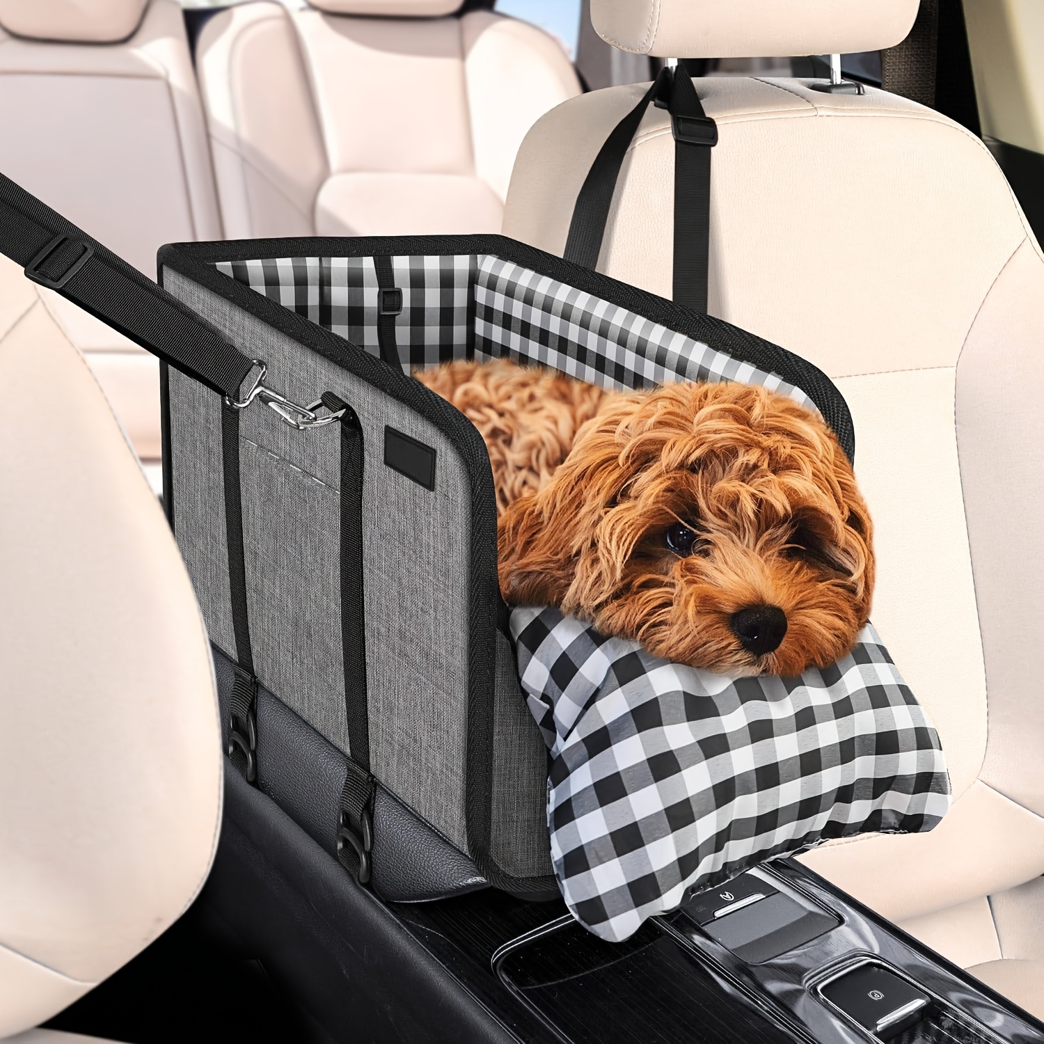 TEMU Console Dog Car Seat - Portable Dogs Armrest Booster Seat For Small Dog, Anti-collapse Pet Car Seat With Soft Cushion Safety Belt, Support To
