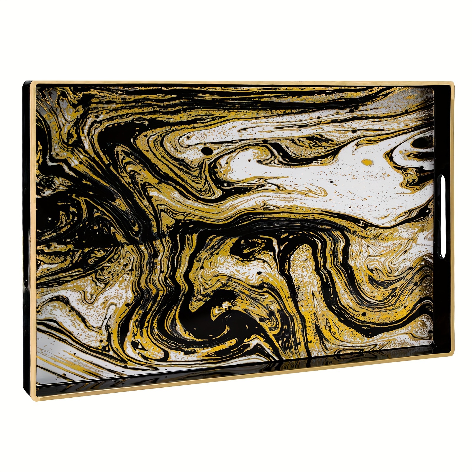 TEMU Black Decorative Tray With Handles, Plastic Serving Tray For Coffee Table, Marbling Rectangular Tray For Ottoman, Bathroom, Storage, 15.8" Lx 10.2" W X 1.57" H