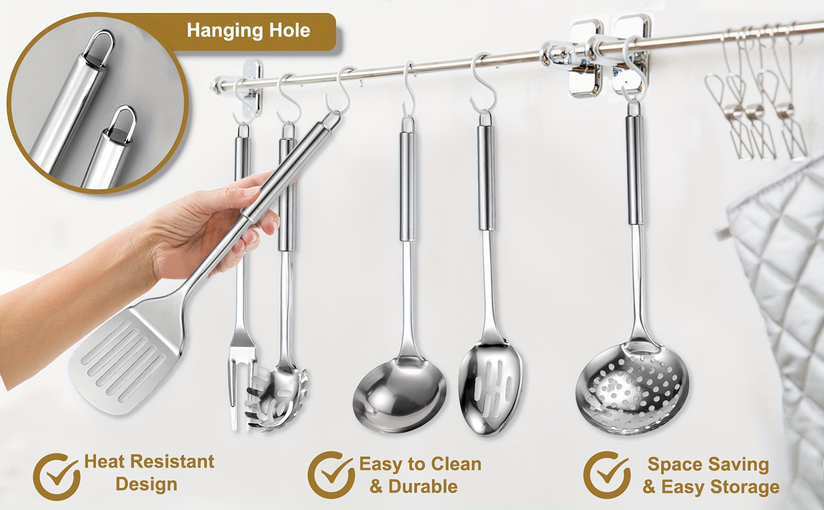 25  cooking utensils set stainless steel kitchen utensils set for cooking heat resistant spatula set   with turners serving spoon ladle skimmer pasta server father gift details 1