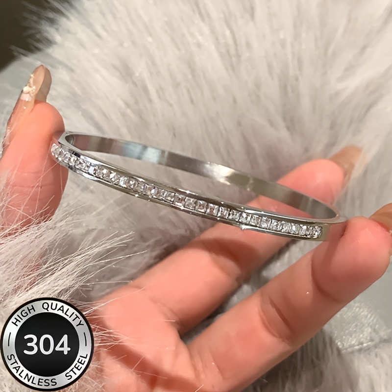 TEMU 1 Model 1 Women's 304 Stainless Steel Cubic Synthetic Zirconia Bracelet - Hypoallergenic Suitable For Birthdays, Waterproof & Tarnish-resistant