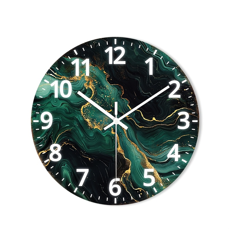 TEMU 1pc 2d Flat Wall Clock Non-ticking Wooden, Decorative Circular Clock Hd Glossy Lamination Finish Elegant Green Marble Clock With Golden Accents