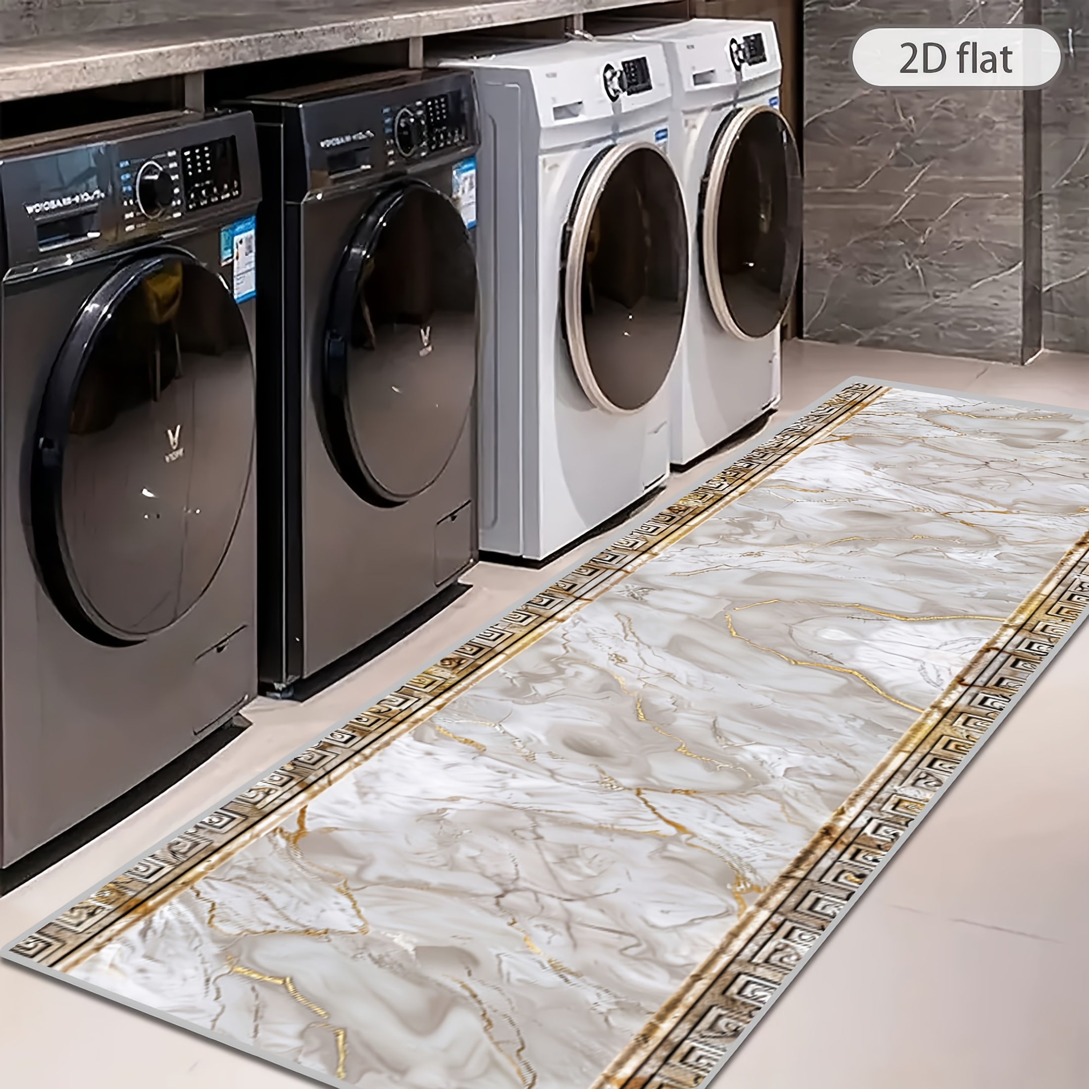 2d Flat Golden Diamond Velvet 1pc Modern Marble Pattern Mat, High-quality Luxurious European Geometric Runner Mat, High-quality Hallway Mat, Attractive Laundry Room Mat