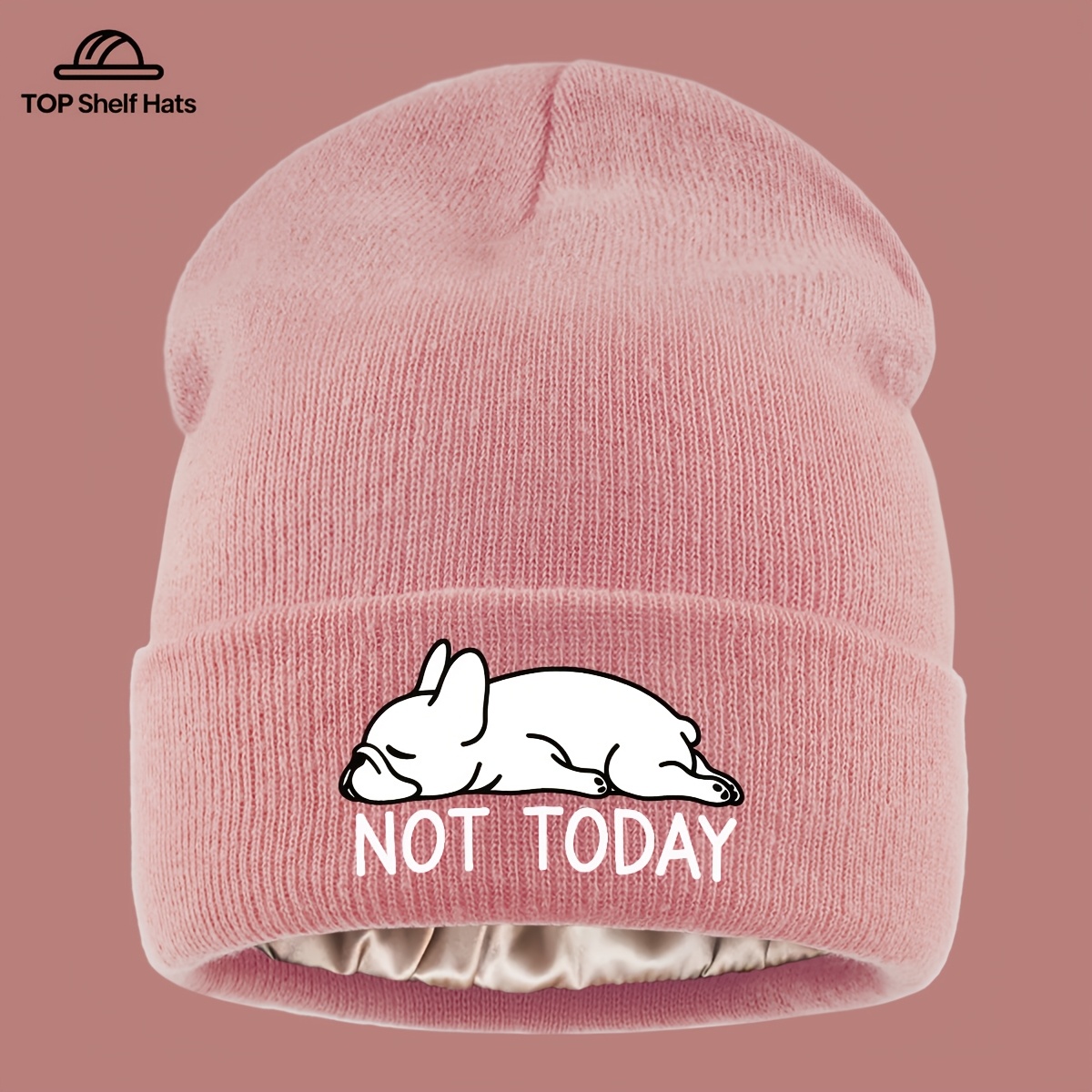 TEMU Cappello 1 pz "NOT TODAY" con Stampa Divertente a Bulldog Francese, Senza Tesa Foderato in Satinato Raso, Cappello Caldo di Tendenza /Inverno,