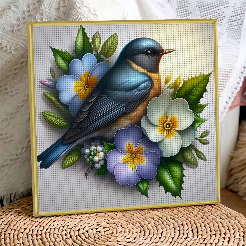 Frameless Cross-Stitch Embroidery Kit, Blue Bird Surrounded by Flowers