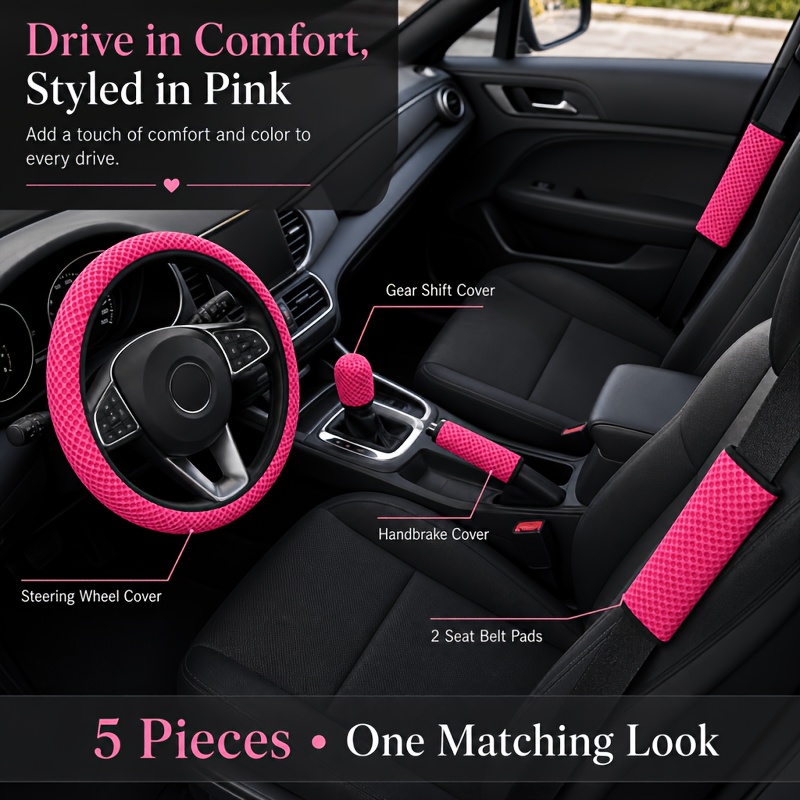 TEMU 5pcs Car Interior Set, Including Steering Wheel Cover, Gear Shift Cover, Cover, And Seat Belt Pad, Suitable For 15-inch Steering Wheels, Massage