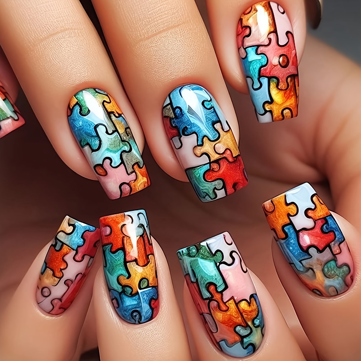 TEMU 24pcs Of Mini Colorful Puzzle Checkered Square Short Fake Nail Tips, Daily, Dating, Afternoon Tea, Out Nails Press Nail Art Set.