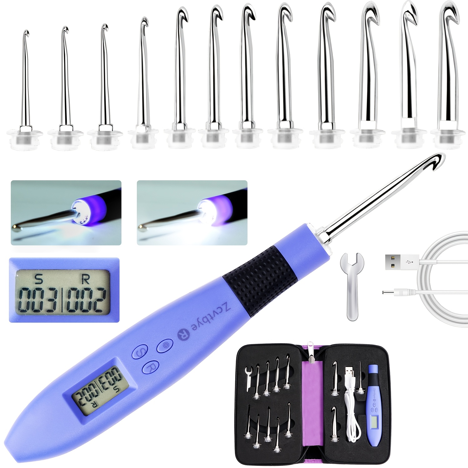 TEMU Led Crochet Hooks Set, 12in 1 Rechargeable Lighted Crochet Hooks Set, With Small Wrench Travel Zipper Case (interchangeable Crochet Head Sizes