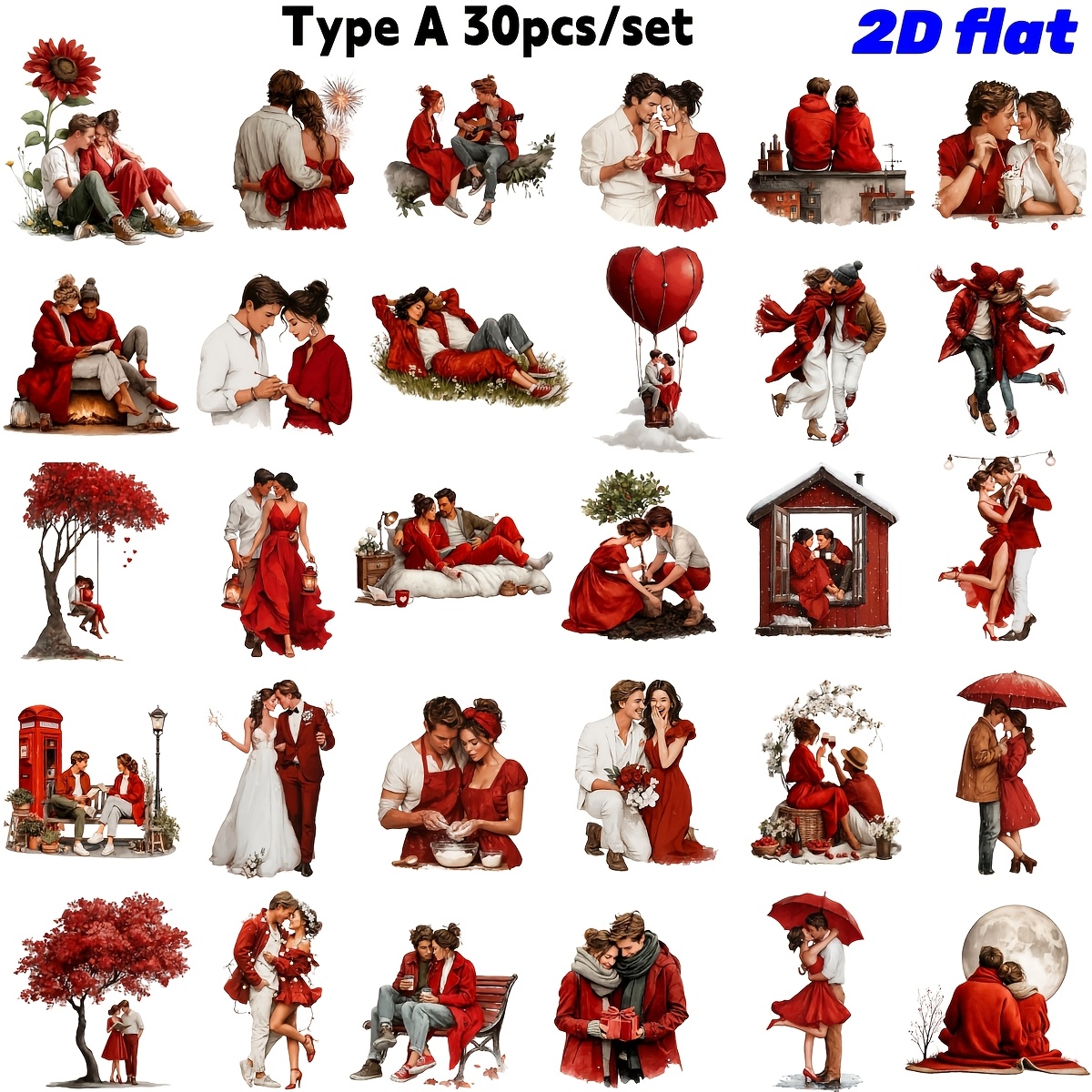 30pcs/set Creative Handmade Vintage Wine Red Romantic Couple Series, Solid 2d Stickers Suitable For Garbage Diary, Notebook, Decoration, Gift Stickers