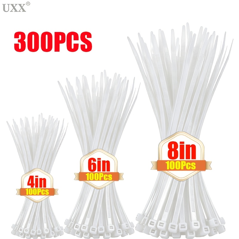 TEMU Lot de 300 attaches-câbles auto-bloquantes en nylon blanc, trois tailles : 4 pouces / 6 pouces / 8 pouces, attaches-câbles en nylon haute