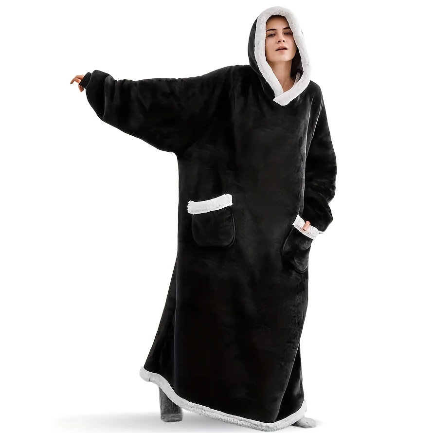 TEMU Winter Warm Wearable Blanket With Hood-oversized Polyester Tv Blanket -machine Washable Super Long Flannel Blanket-with Sleeves Winter Hoodies