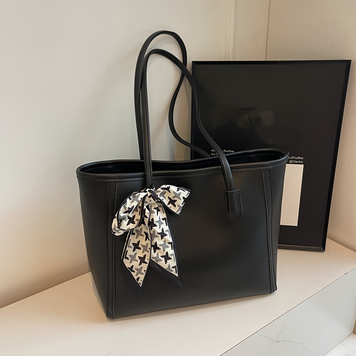 TEMU A Stylish Solid Color Tote Bag With A Scarf, Featuring A Large Capacity, Perfect For Commuting, And Suitable For Women's