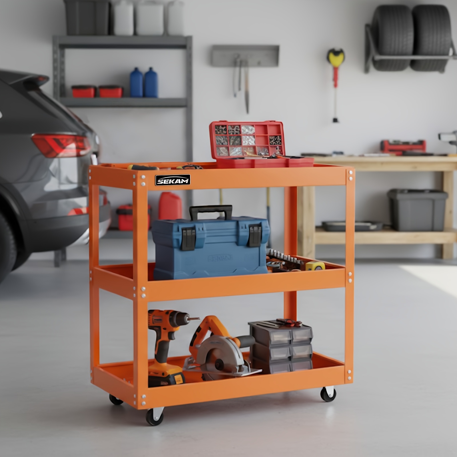 TEMU Chariot à outils robuste à 3 niveaux avec tiroir verrouillable et système de serrure à clé, poste de travail mobile d'une capacité de 440 lb,