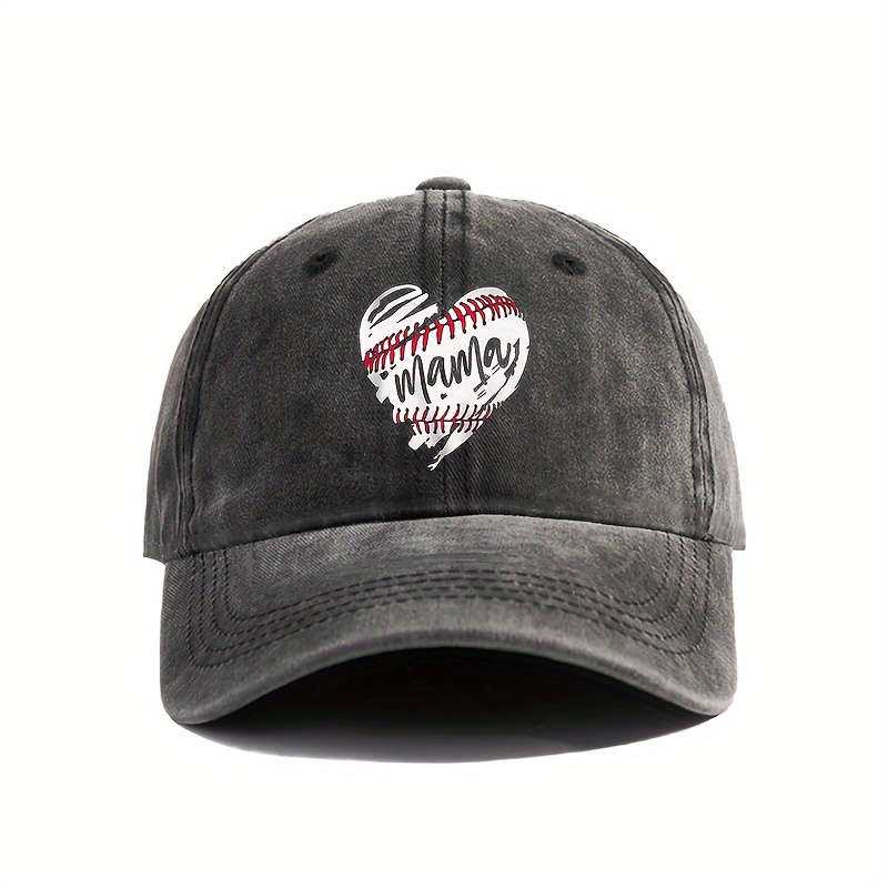 TEMU Vintage Washed Distressed Baseball  , Baseball Mom Heart Pattern Printed Peaked Hat, Adjustable Cotton Sport  , Mother's Day Gift