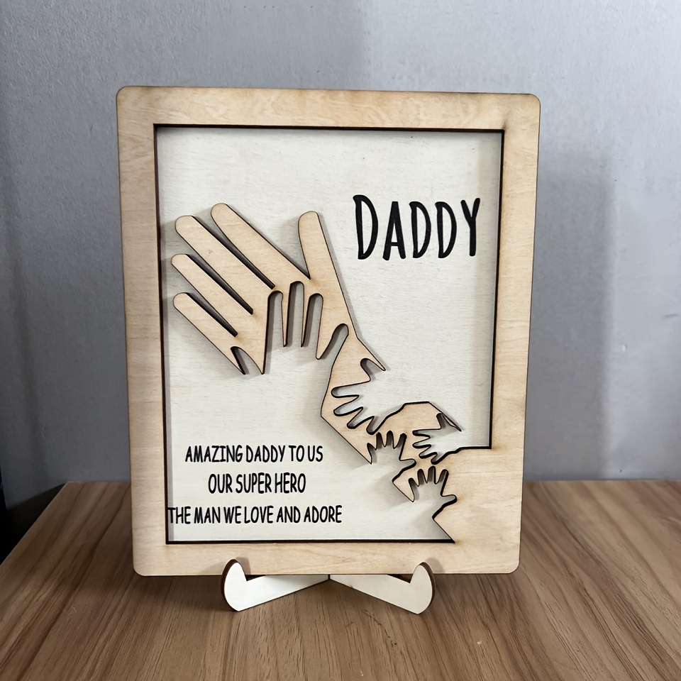 1pc fathers day wooden sign palms intertwined wooden plaque with base gift for dad grandfather amazing daddy to us our super hero the man we love and adore decorative ornaments home decor interior decor living room and bedroom details 3