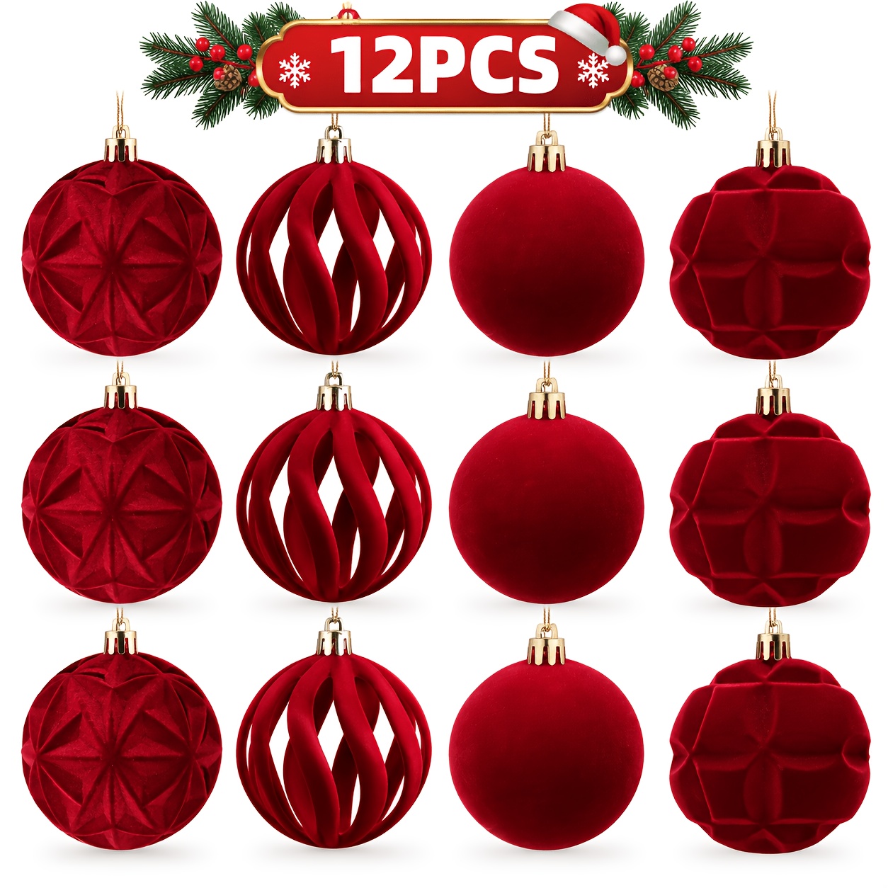 TEMU 12 bolas navideñas de terciopelo , adornos para árbol de Navidad con bolas luminosas huecas de estrellas y de hojas, decoraciones navideñas para