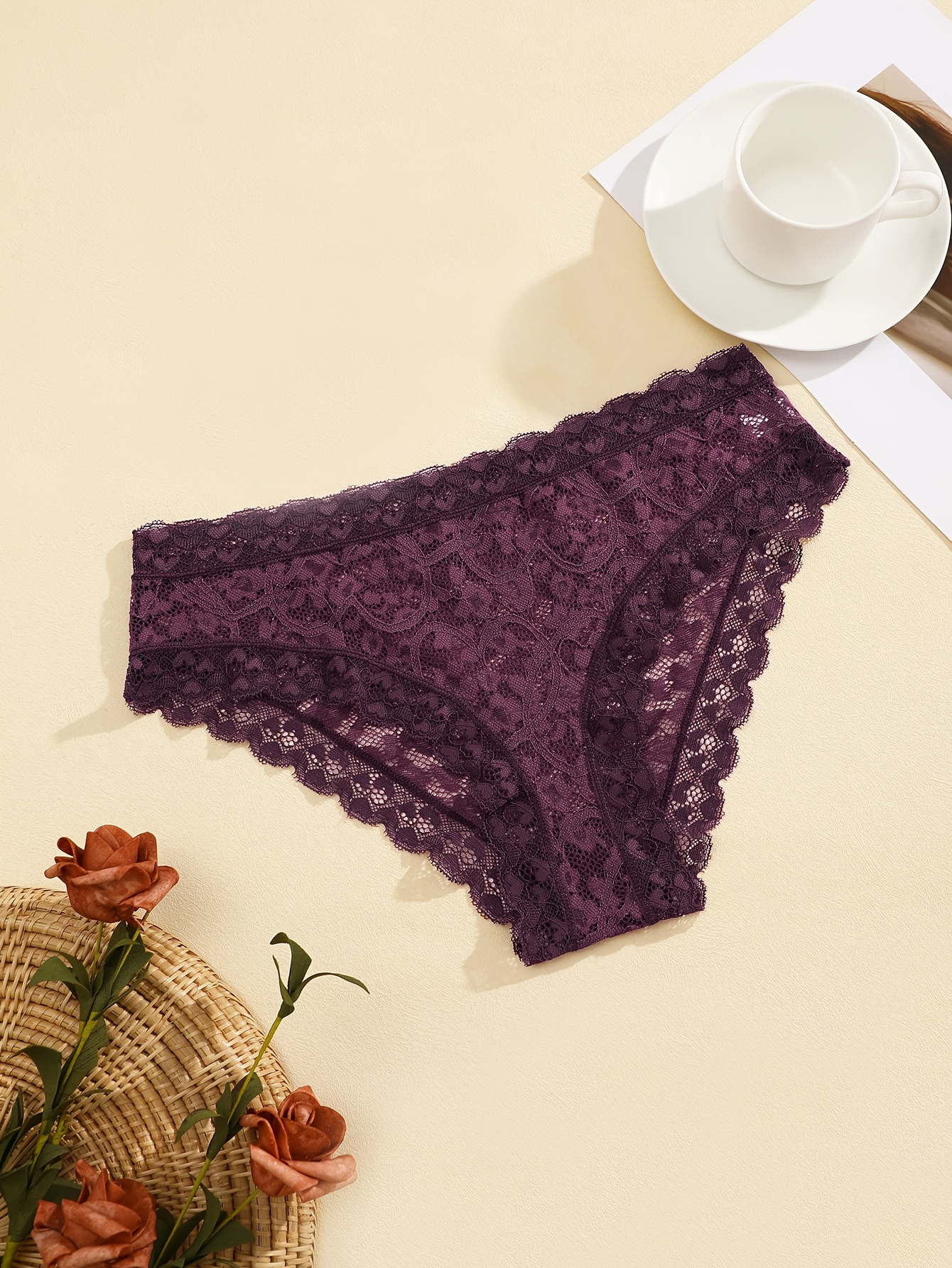 4pcs Women'S Comfortable Romantic Full Lace Pattern Triangle Panties, Sexy Sheer Women'S Underwear, Love Lace Pattern Hollow Out Design