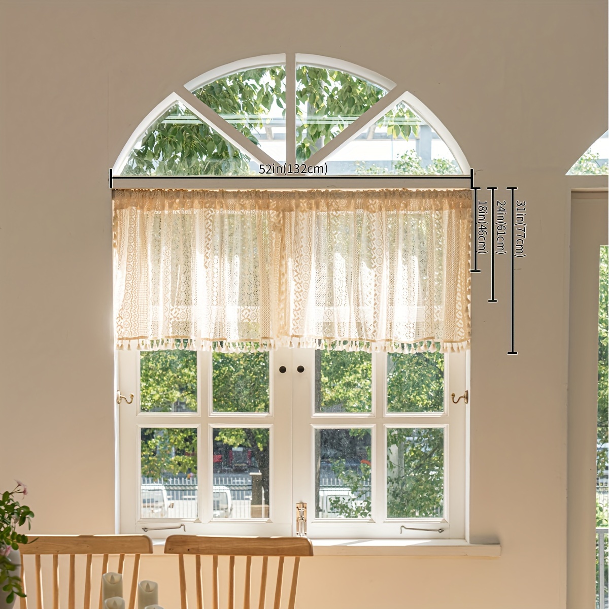 Image of 1pc Bohemian Lace Short Curtain Valance With Lace Trim, Top Rod , Suitable For Living Room, Bedroom, Kitchen, And Holiday Decorations
