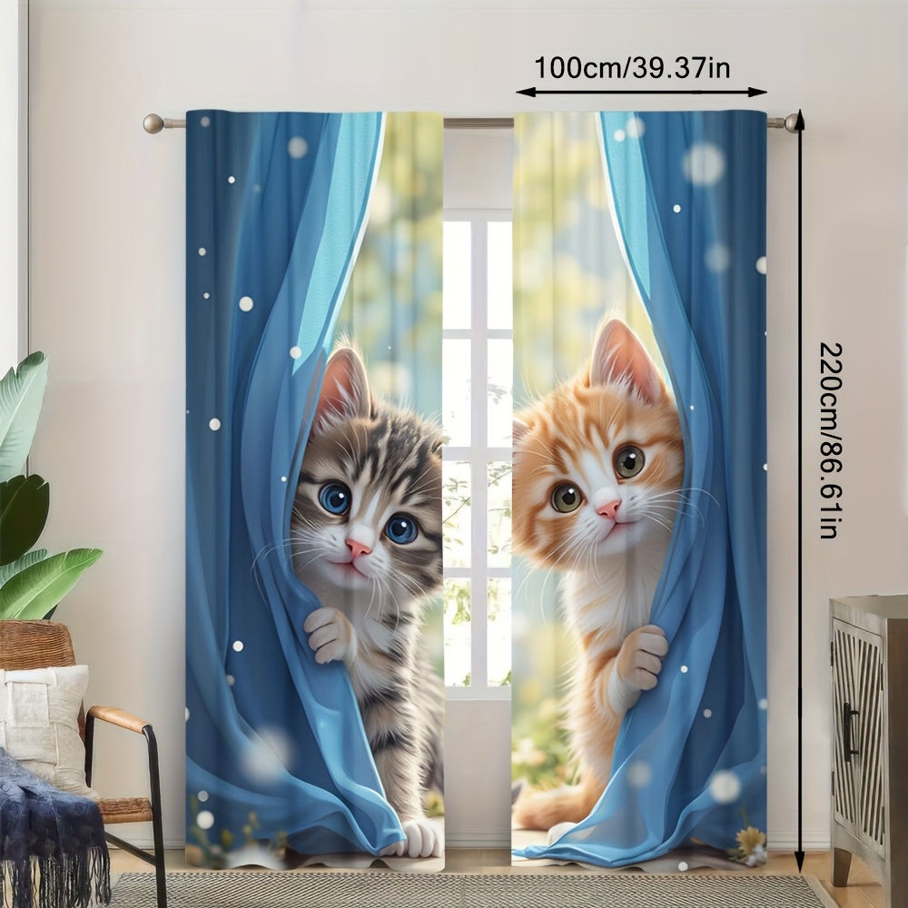 TEMU 2pcs 2d Flat Printing Cute Cat Printed Curtainsrod For Easy Hanging, Living Room,kitchen,cafe,dining,balcony,garden,bedroom Decorate (not Layer