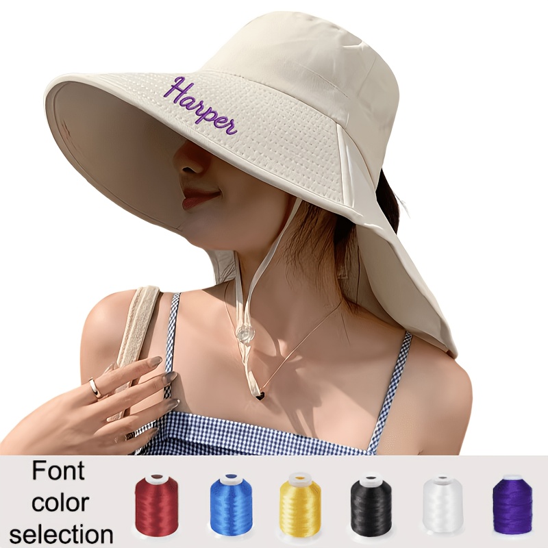 TEMU Custom Embroidered Personalized Name Sun Hat - Women's Fashion Sunshade Bucket Hat With Ponytail Hole, Breathable Polyester Fiber, Adjustable