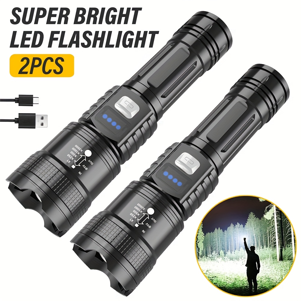 TEMU 2pcs Rechargeable Led Flashlight Set, Usb-charging Flashlight With Battery Indicator, Telescopic Zoom Flashlight, Portable Led Flashlight, ,