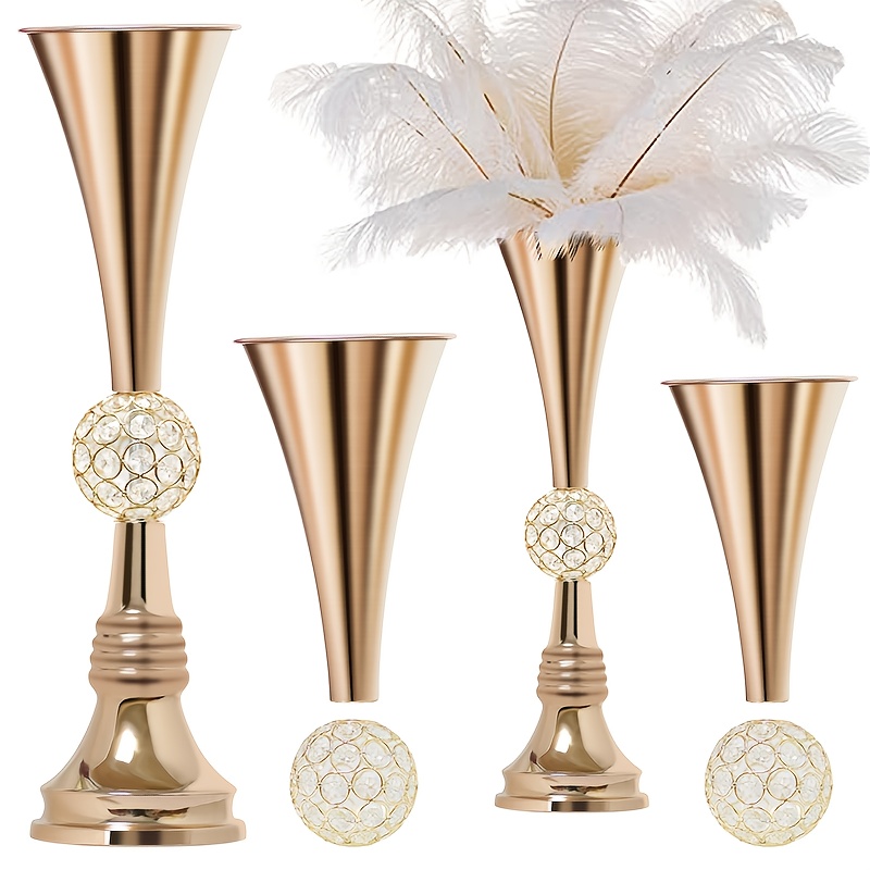 TEMU A Set Of -inch Golden Luxury Vases For Wedding Centerpieces - Crystal-embedded High Geometric Metal Vases Suitable For Feather Decorations,