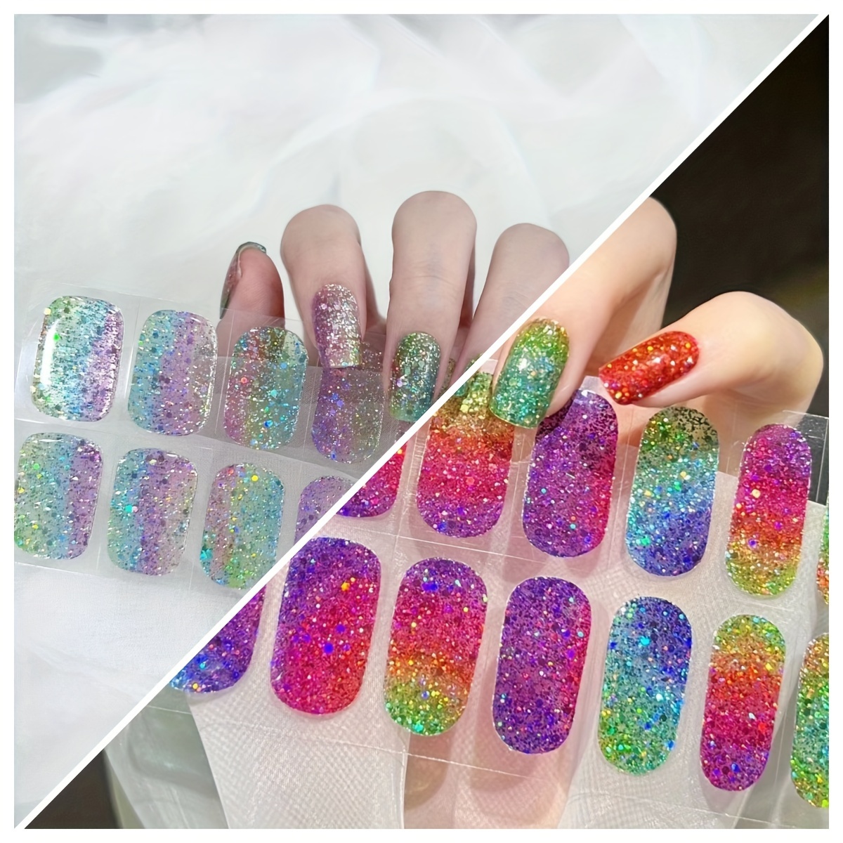 

Colorful Glitter Semi Cured Gel Nail Wraps, Semi-cured Gel Nail Strips-works With Any Nail Lamps, Salon-quality,long Lasting,easy To Apply & Remove-includes Nail File & Wooden Stick