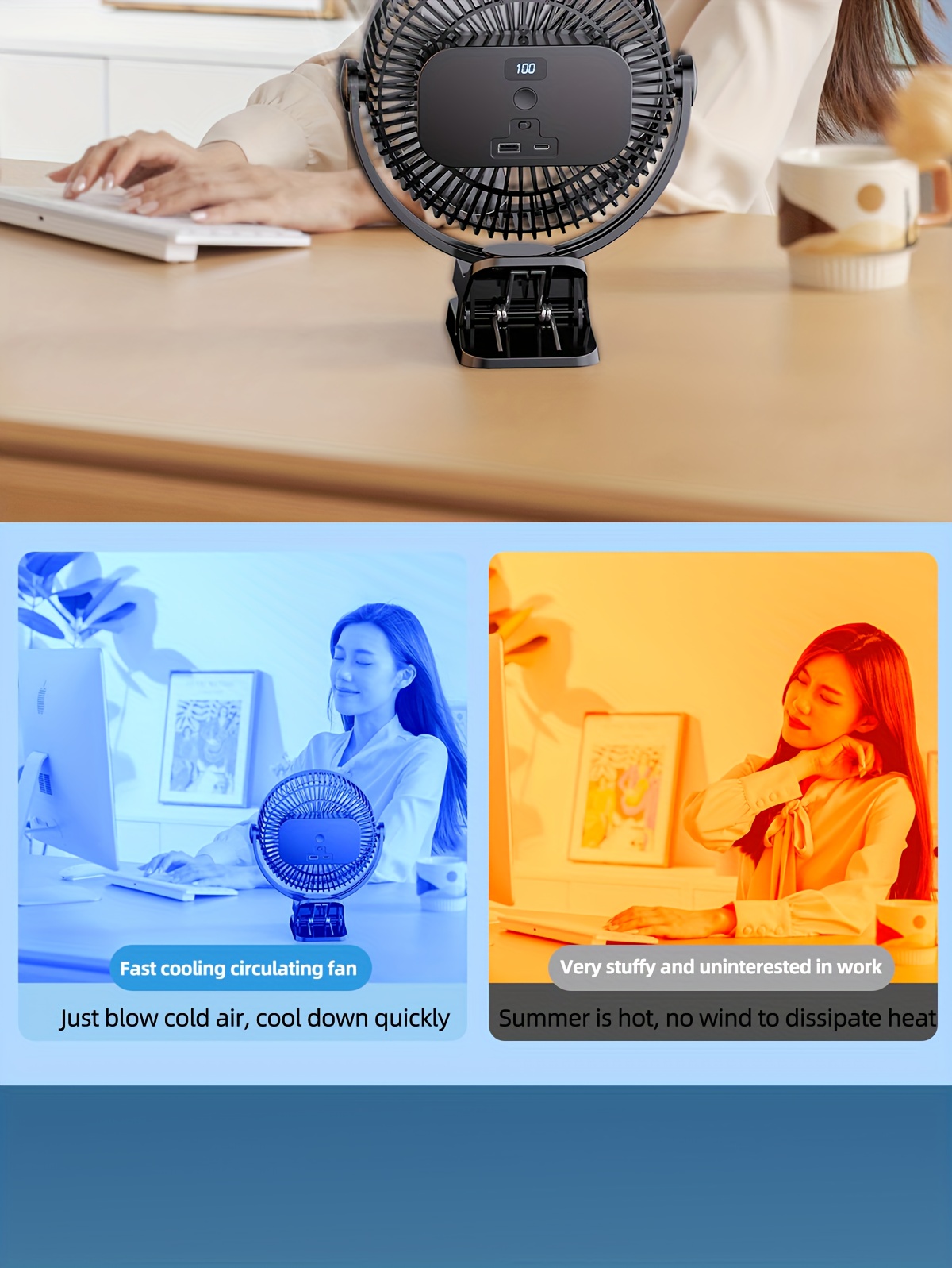 8-inch USB Charging Clip Fan Suitable for Bedroom, Dormitory, Bedside, Office, Desktop, Camping, Travel, Fishing, Can Be Clipped, Hung, Detachable, Washable, Digital Display with Five Levels of Wind Power, 10000mAh Battery with Power Bank Function