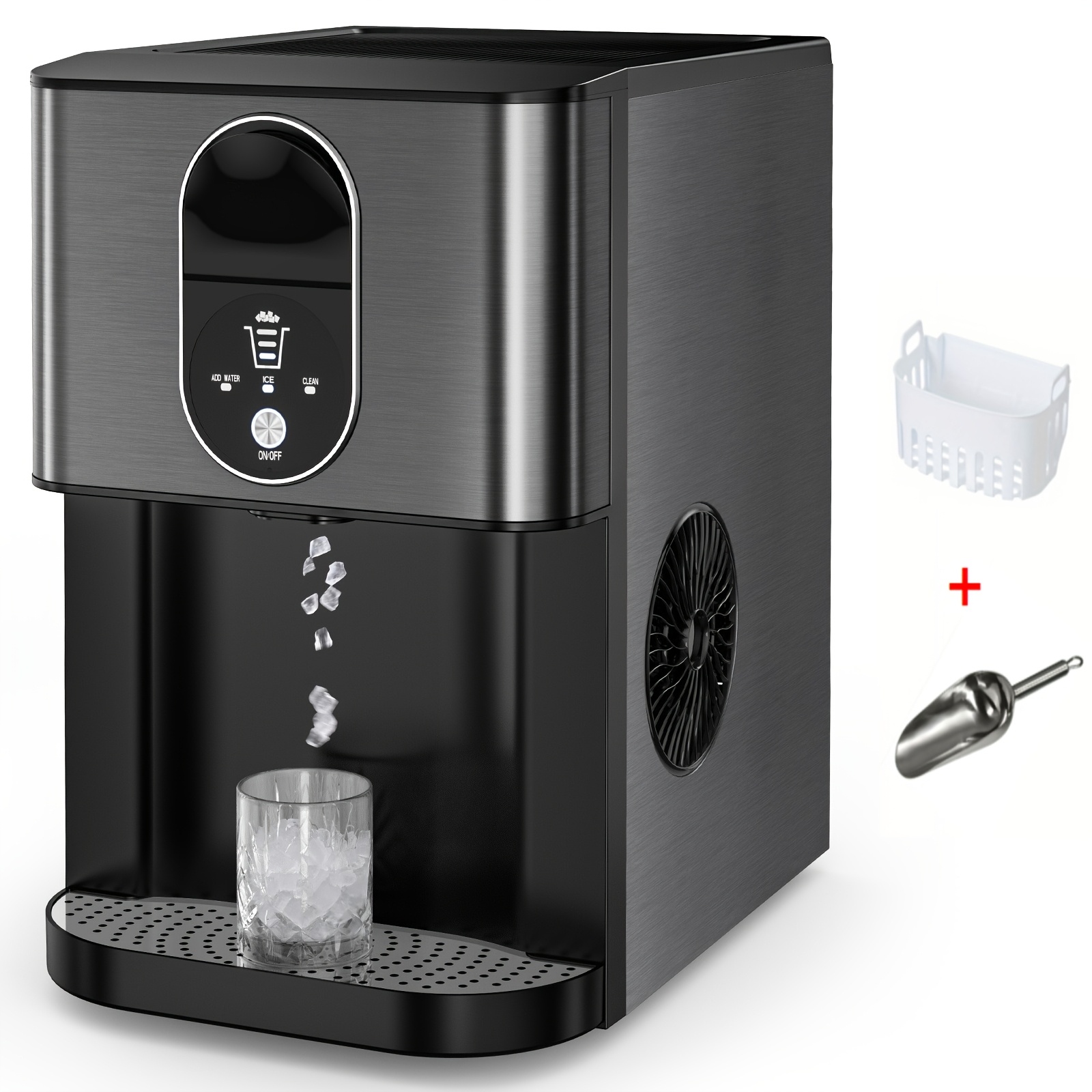 Ice Makers, 45lbs/ 24h, Make, Stainless Steel Housing, Pebble Ice Maker Machine With Self-cleaning, Pellet Ice Maker With 2.5qt Water Reservoir, Crushed Ice Maker For Home & Kitchen, Silver/ Black
