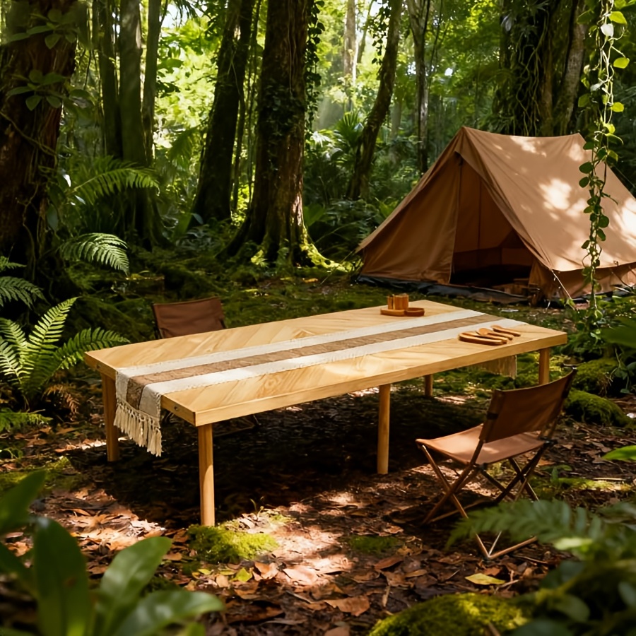 Portable Bohemian Style Low Picnic Table | Foldable Beach and Outdoor Table with Tablecloth, Pine Wood, Suitable for Beach, Camping, Outdoor Gatherings, Backyard Use, Size: 59.8*29.9*16.9 inches