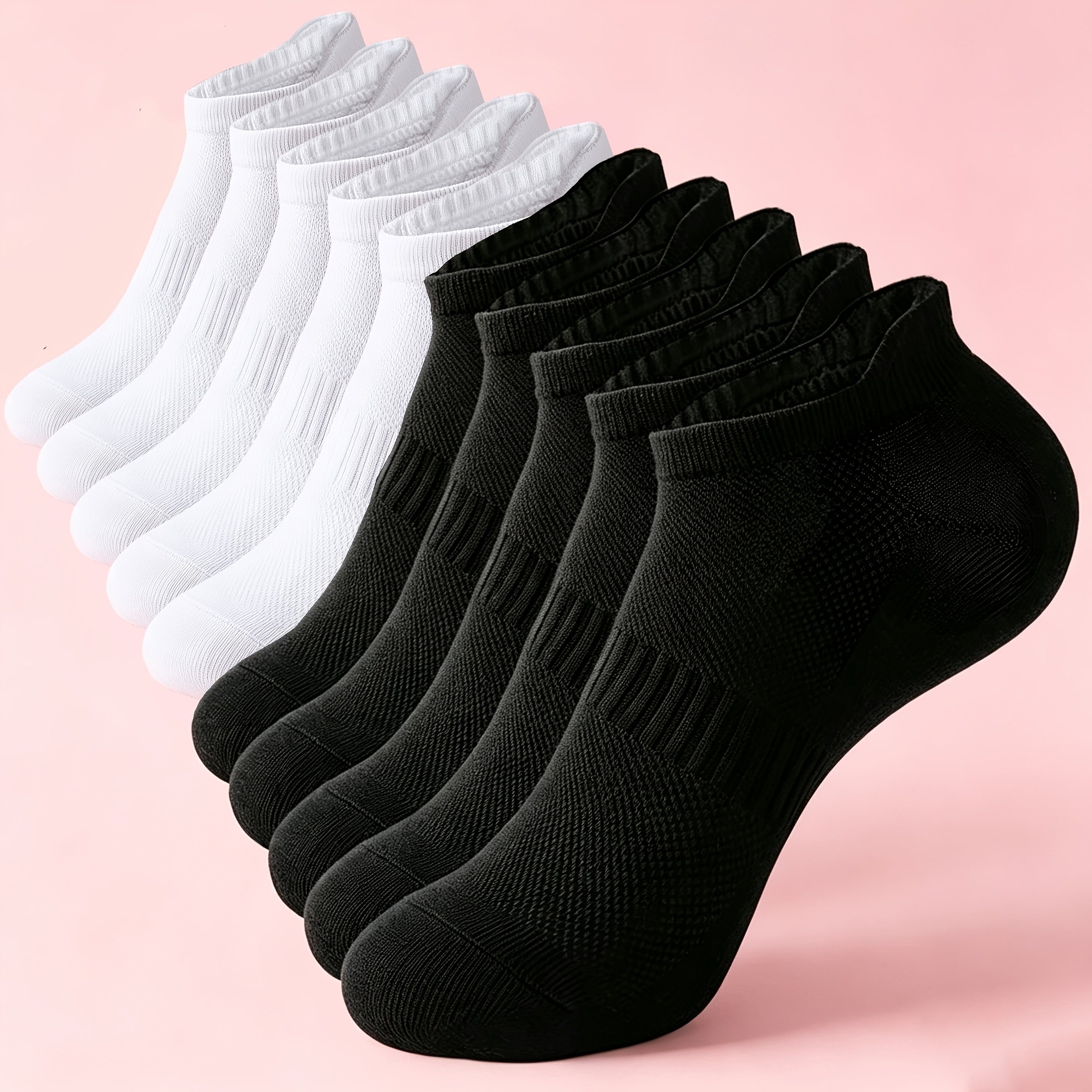 TEMU 10 Pairs Of Women's Sports Short Socks, Breathable Mesh Socks, Non-slip Ribbed Heel Socks, Easy And Versatile Solid Women's Socks, Black And