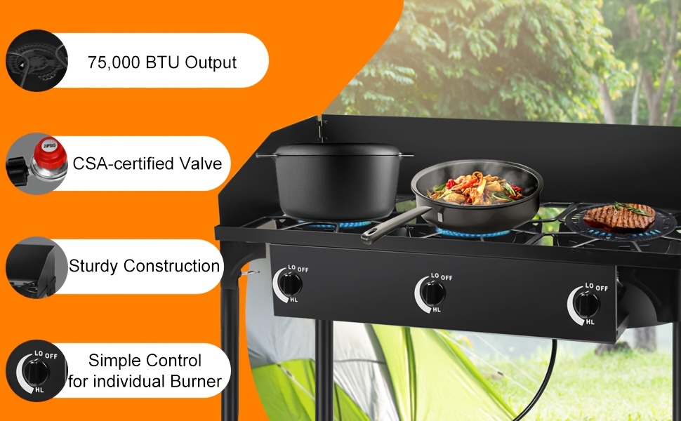 Cast Iron Outdoor Gas Stove | Portable Propane Cooktop with Blue Flame Control, Removable Legs, Temperature Control Knobs, Wind Panel, Hose, Regulator & Storage Carry Case