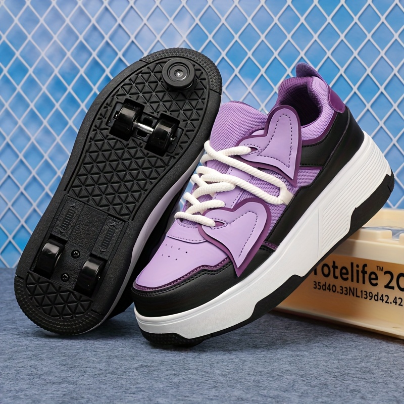 Mädchen-Roller-Skate-Schuhe mit 4-Rad-Rutsch-Skates Atmungsaktive  Synthetische, Low-Top-Design für Innen-/Außenbereich *-* Lila Weiß,