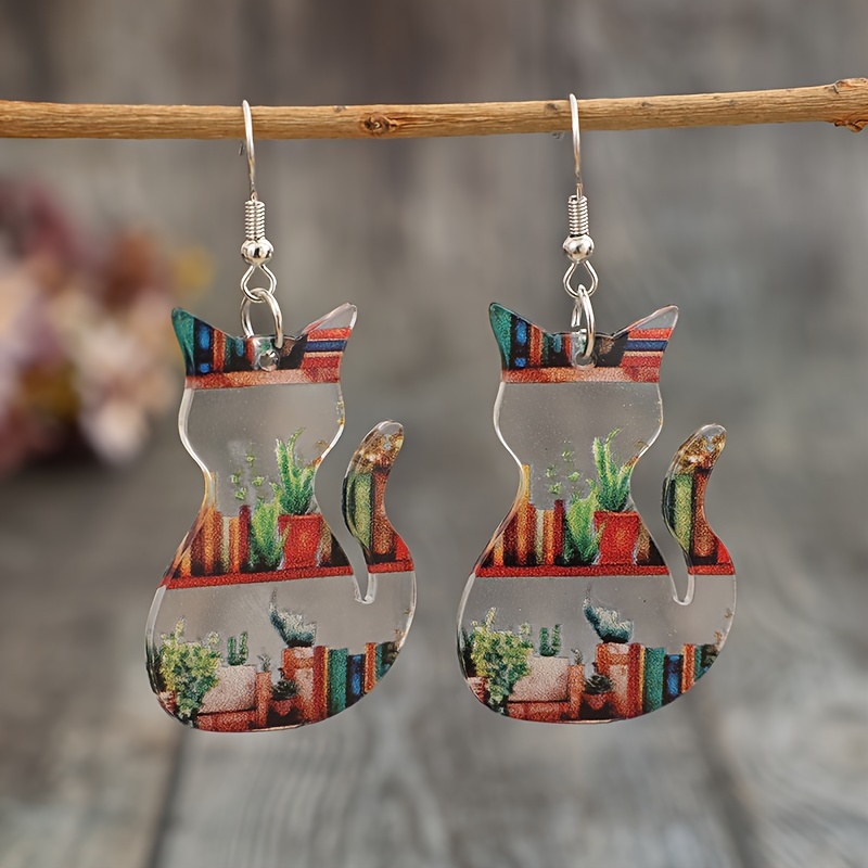 New Back-to- Library Bookshelf Greenery Cute Kitten Pendant Acrylic Double-sided Earrings