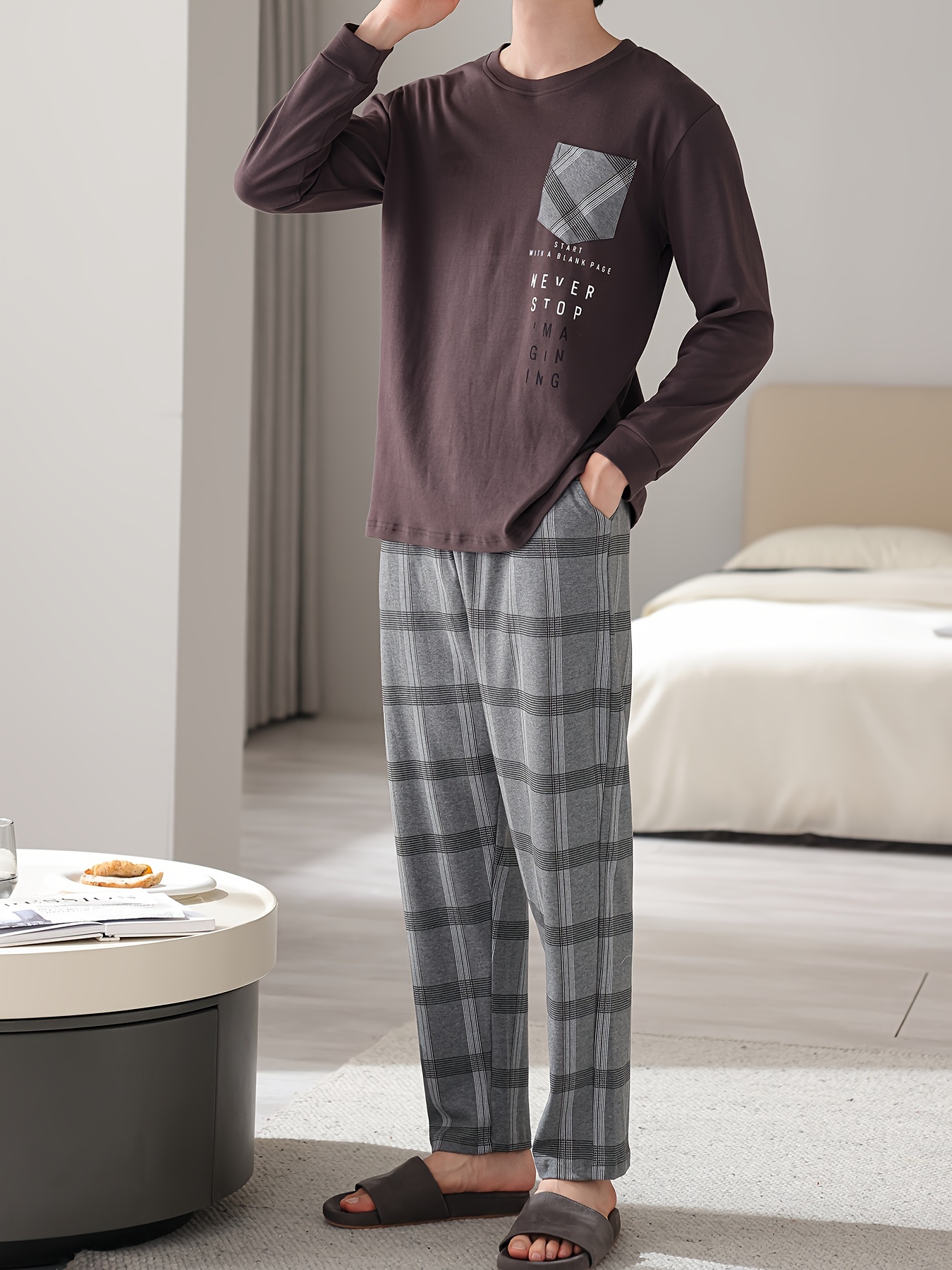 1set Men'S Casual Cotton Pajama Set, Long Sleeve Round Neck Sleepwear with Pockets, Loose Fit Knitted Pullover for Spring/Autumn - Comfortable Thin Cotton Outfit