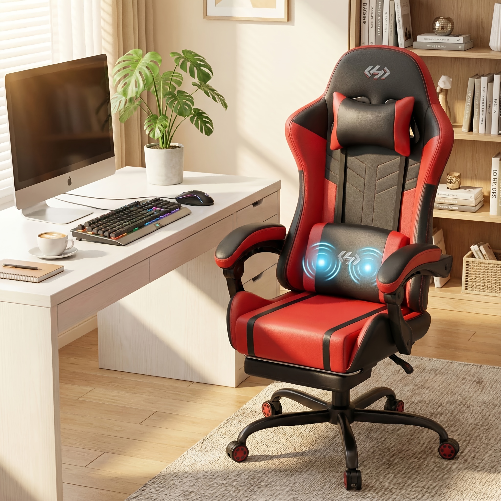 Gaming Chair with Massage Lumbar Support Ergonomic Computer Chair for Adults with Footrest and Lumbar Support with 360° Swivel Seat PU Leather Office Chair, Crafted From Durable Faux Leather, Best Gift for Father and Boyfriend