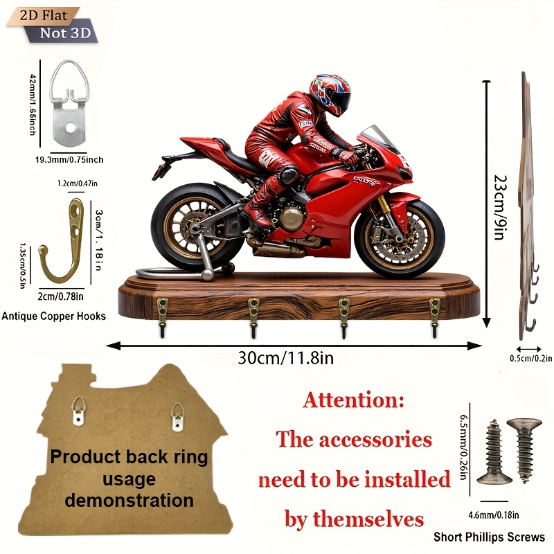 E-shop 2D Flach.1 Stück Motorradfahrer Themenstil Schlüsselhaken - Multifunktionaler Dekorativer Schlüsselhalter, Ausgestattet mit Vier Metallhaken,