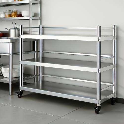 stainless steel kitchen cart microwave oven oven pots and woks mobile storage rack strong load bearing capacity easy assembly space saving swivel casters kitchen storage shelf oven stand simple metallic texture sturdy structure