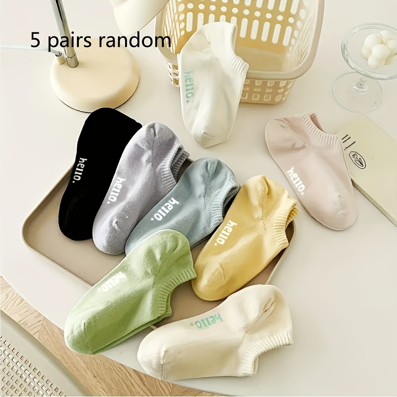 E-shop 5 Paar zufällige Sommer-Socken mit „Hello“-Muster, kurze Röhrensocken im College-Stil, Bonbonfarben, unsichtbarer Schriftzug, Damensocken