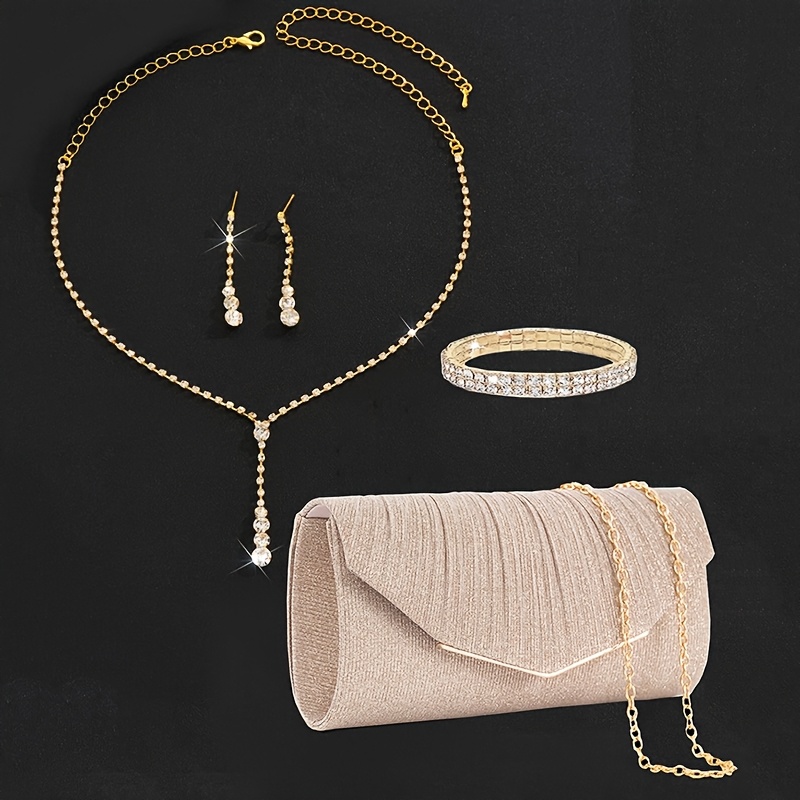 Evening Clutch Bag for Women, Fashionable and Versatile Pleated Clutch, Evening Bag, Dress Bag, Chain Shoulder Bag, Long * Necklace, Earrings, Bracelet, Banquet Accessories 4pcs Set image 4