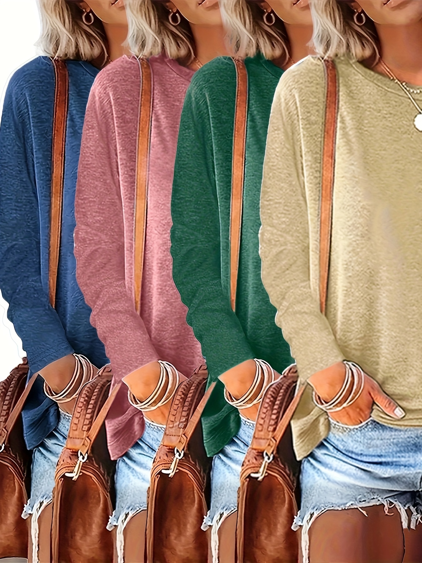 4pcs spring autumn new solid color no print round neck long sleeve loose casual womens t shirt tops machine washable suitable for spring autumn daily wear and home