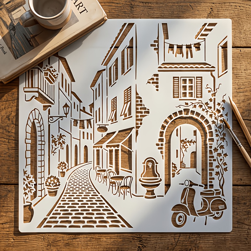 TEMU 1 Large Template With Dimensions Of 29.97x29.97 Centimeters, Featuring Mediterranean Architectural Style, Including A Greek Temple With Arches