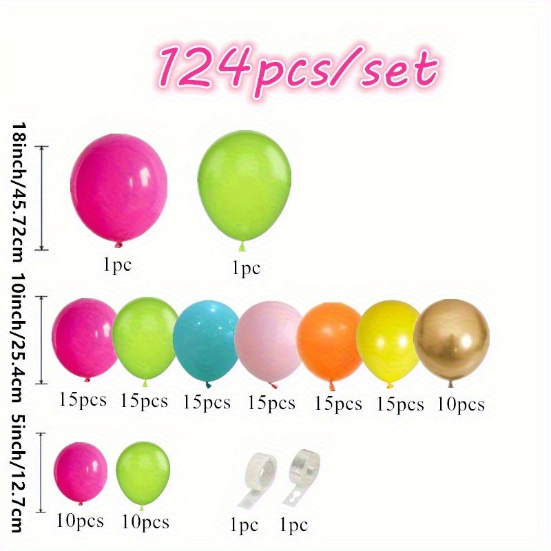 Image of 124pcs Including Hot Pink, Green, Golden, Orange, And Turquoise Balloons, Tropical Style Balloon Arch Set, Suitable For Decorating Birthday Parties In Luo, Hawaii, For Halloween, Christmas