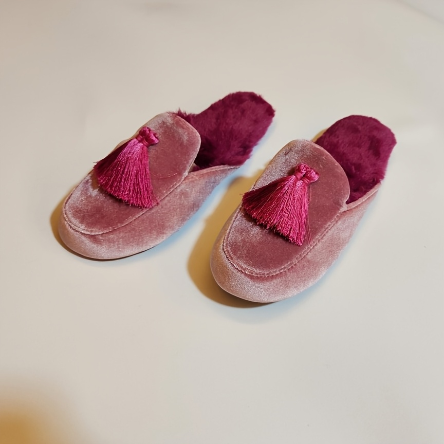 

Hand- Tassel Korean Slippers, Solid Color, Slip-on, Winter, Fabric Upper/inner/sole, Cozy Indoor Footwear For Wooden Floors