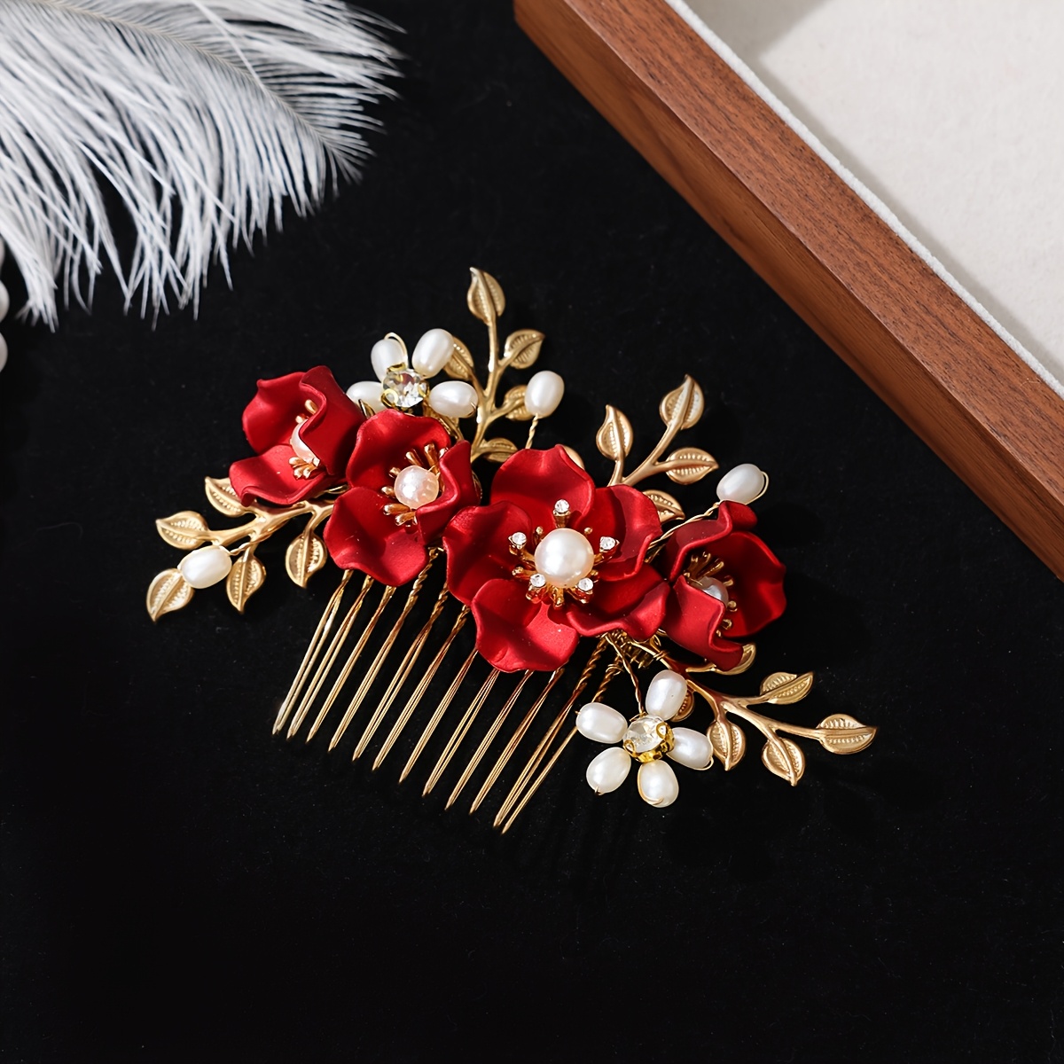 TEMU 1 Handmade Red Flower Hair Comb For Bridal Wedding Women's Hairstyle Accessory