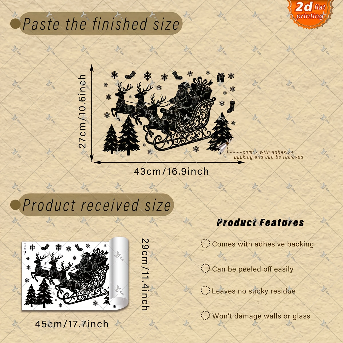 TEMU 2d Flat - 2d Flat - 1pc 2d Flat Printing Christmas Black Silhouette Sleigh Snowflake 30*45cm Window Sticker Creative Self-adhesive Removable