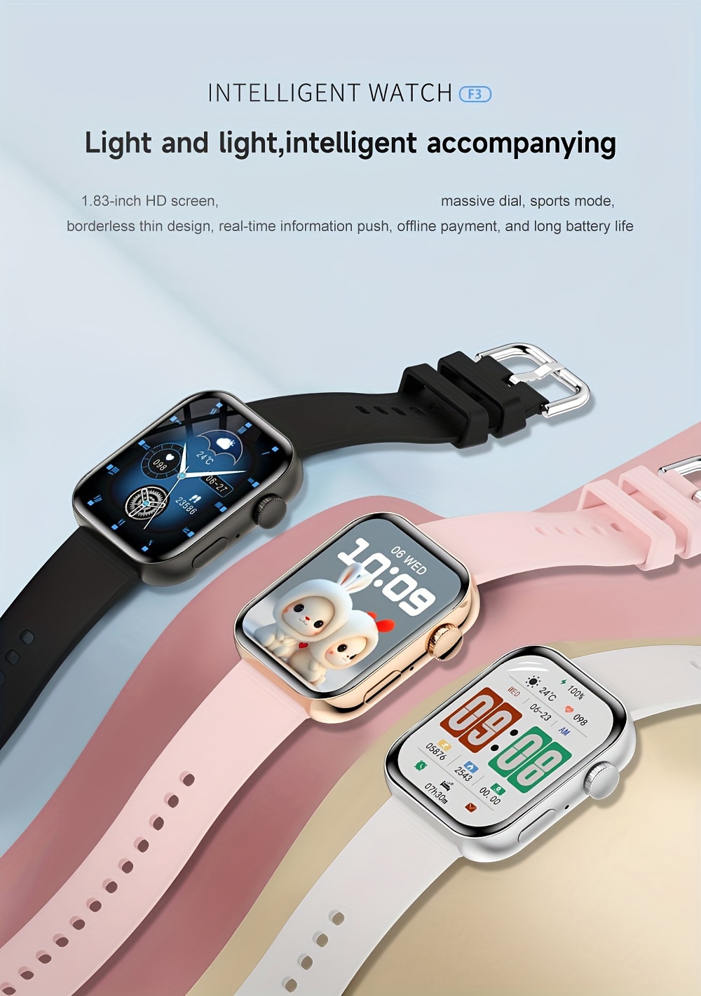 Montre connectée sans fil HD 1,83 pouces 2024, noir pistolet, argent et or rose, cadran personnalisable, tracker GPS SOS Fitness, convient aux hommes et aux femmes_voghion.com