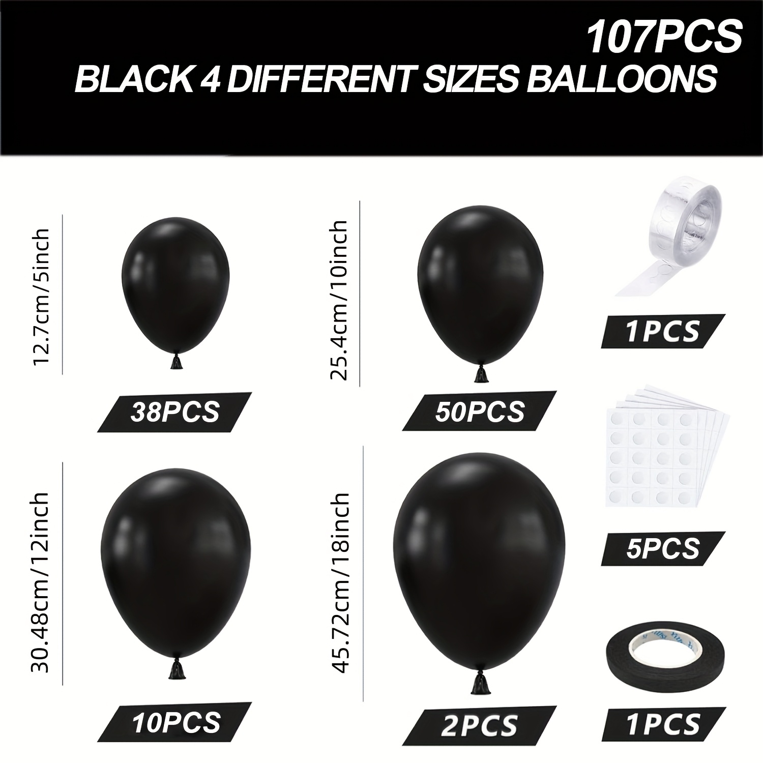 107-teiliges schwarzes latex-ballon-set, 5 zoll/38 stück, 10 zoll/50 stück, 12 zoll/10 stück, 18 zoll/2 stück diy-ballonbogen-kit,   für abschlussfeiern, veranstaltungen feste, thanksgiving, geburtstage, valentinstag, restaurant-hintergründe, neujahr, jubiläen, taufen, hochzeiten