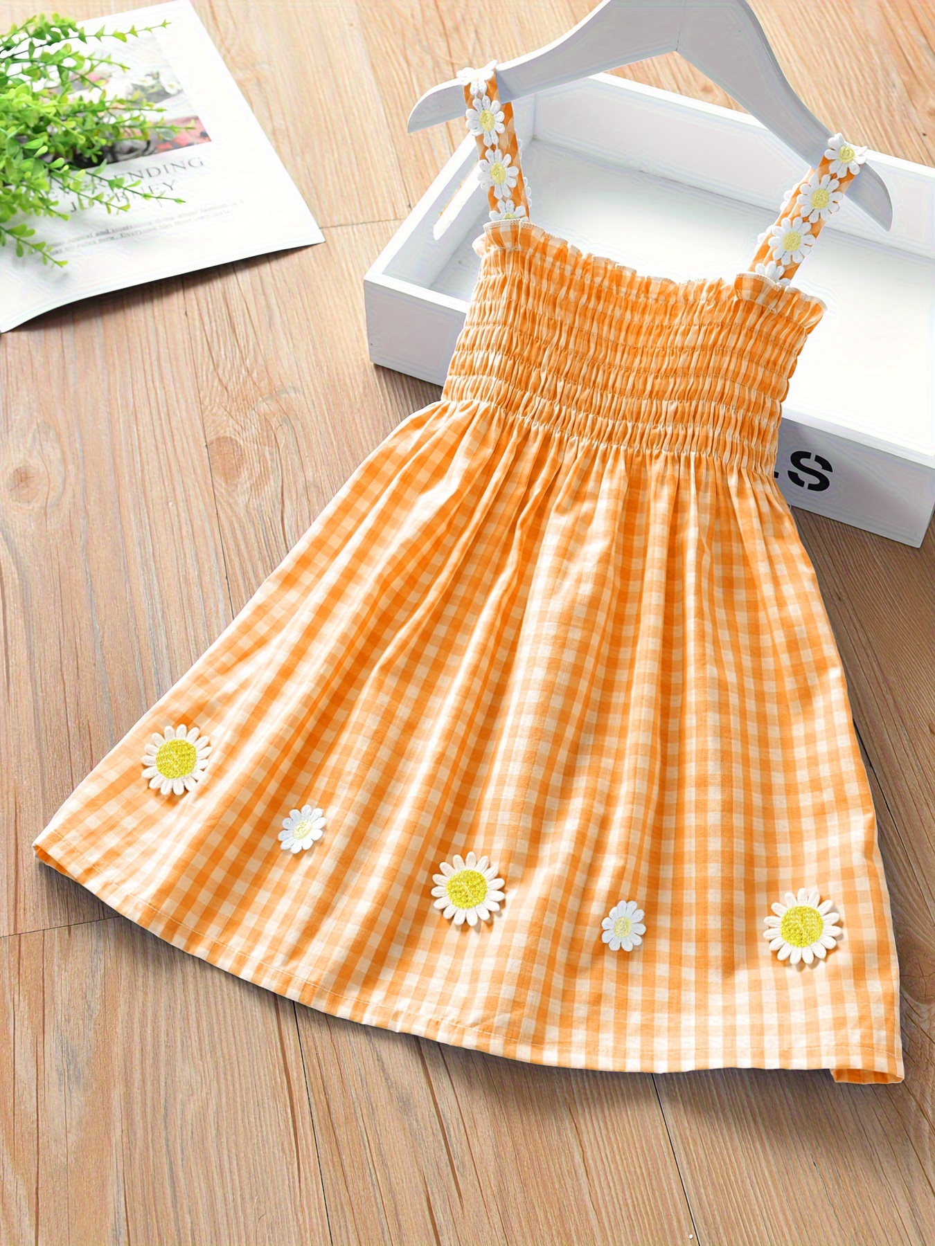 girls blue white gingham daisy appliqu sleeveless dress Temu