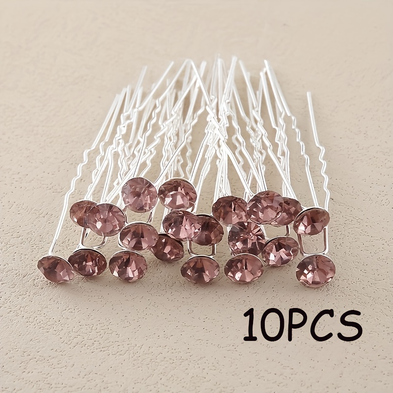 TEMU 10pcs, Romantic Minimalist Brown Diamond-encrusted Women's Bridal Headwear, Fork-style Jewelry Hair Clips, U-shaped Hairpins, Wedding Jewelry