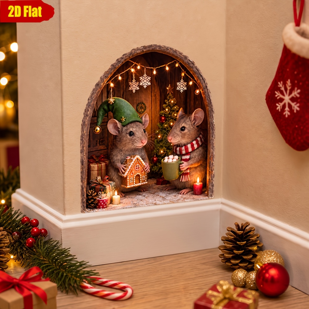 TEMU 1pc 2d Christmas Wall Sticker, Cute Little Mouse With Elf Hat, Scarf, Gingerbread House, Gift, Mini Christmas Tree, Candle, Snowflake Illusion